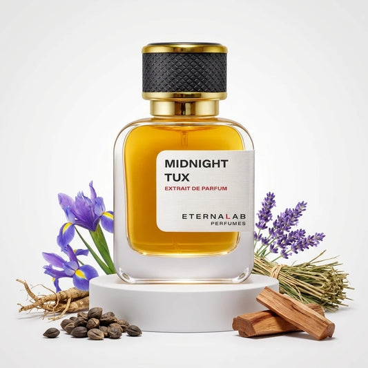 Eterna Lab Midnight Tux Extrait de Parfum bottle, with iris, lavender, ginseng root, coffee beans, and palo santo wood.