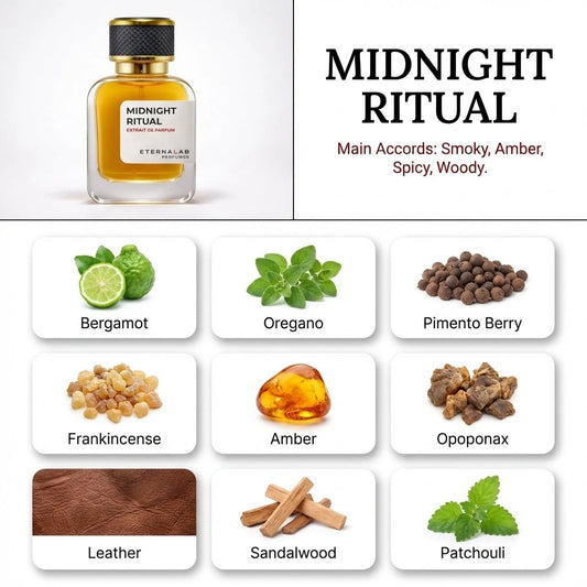 Eterna Lab Midnight Ritual perfume, a smoky, amber, spicy, woody fragrance, with notes of bergamot, leather, and sandalwood.