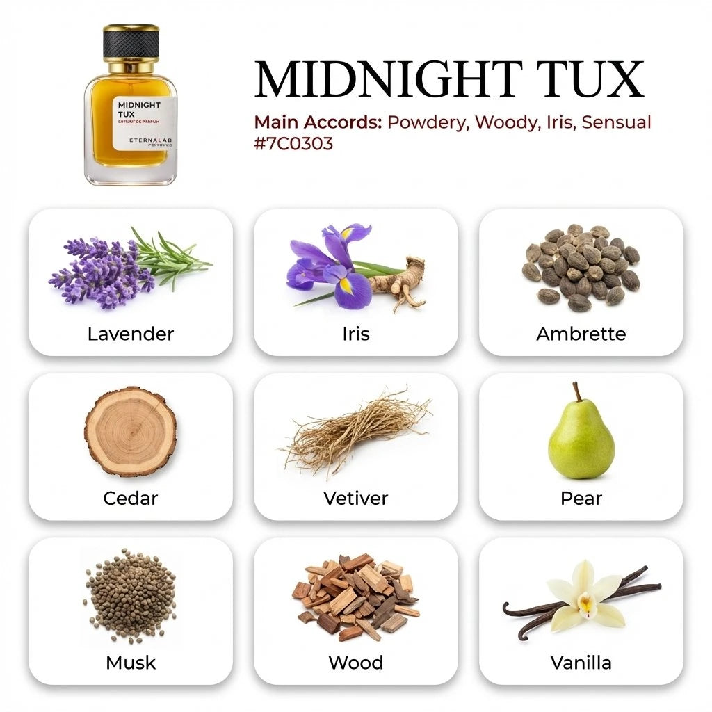 Eterna Lab Midnight Tux perfume bottle highlighting notes of lavender, iris, cedar, vetiver, pear, musk, wood, and vanilla.