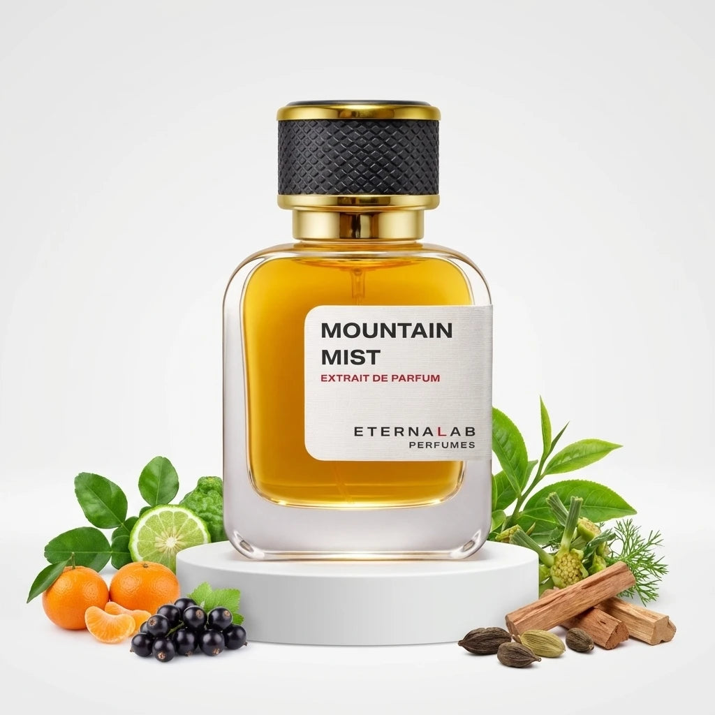 Eterna Lab Mountain Mist Extrait de Parfum bottle surrounded by bergamot, mandarins, blackcurrants, green tea, sandalwood,...