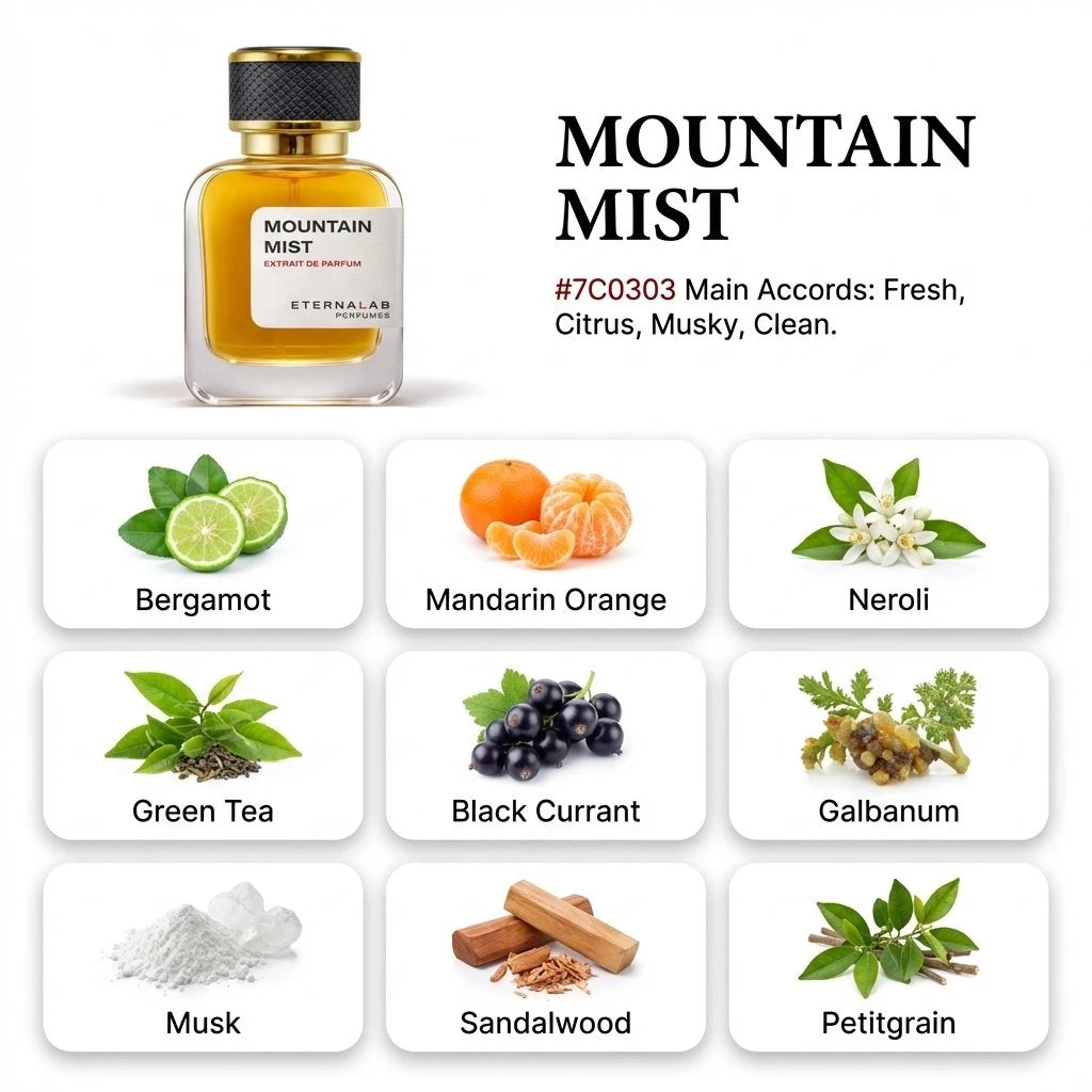 Eterna Lab Mountain Mist perfume with fresh bergamot, mandarin, neroli, green tea, black currant, musk, and sandalwood notes.