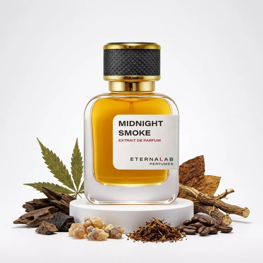 Eterna Lab Midnight Smoke perfume bottle with cannabis, tobacco, oud wood, coffee, frankincense, and licorice notes.