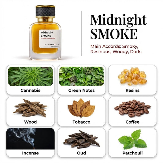 Eterna Lab Midnight Smoke perfume, featuring cannabis, green notes, resins, wood, tobacco, coffee, incense, oud, patchouli.