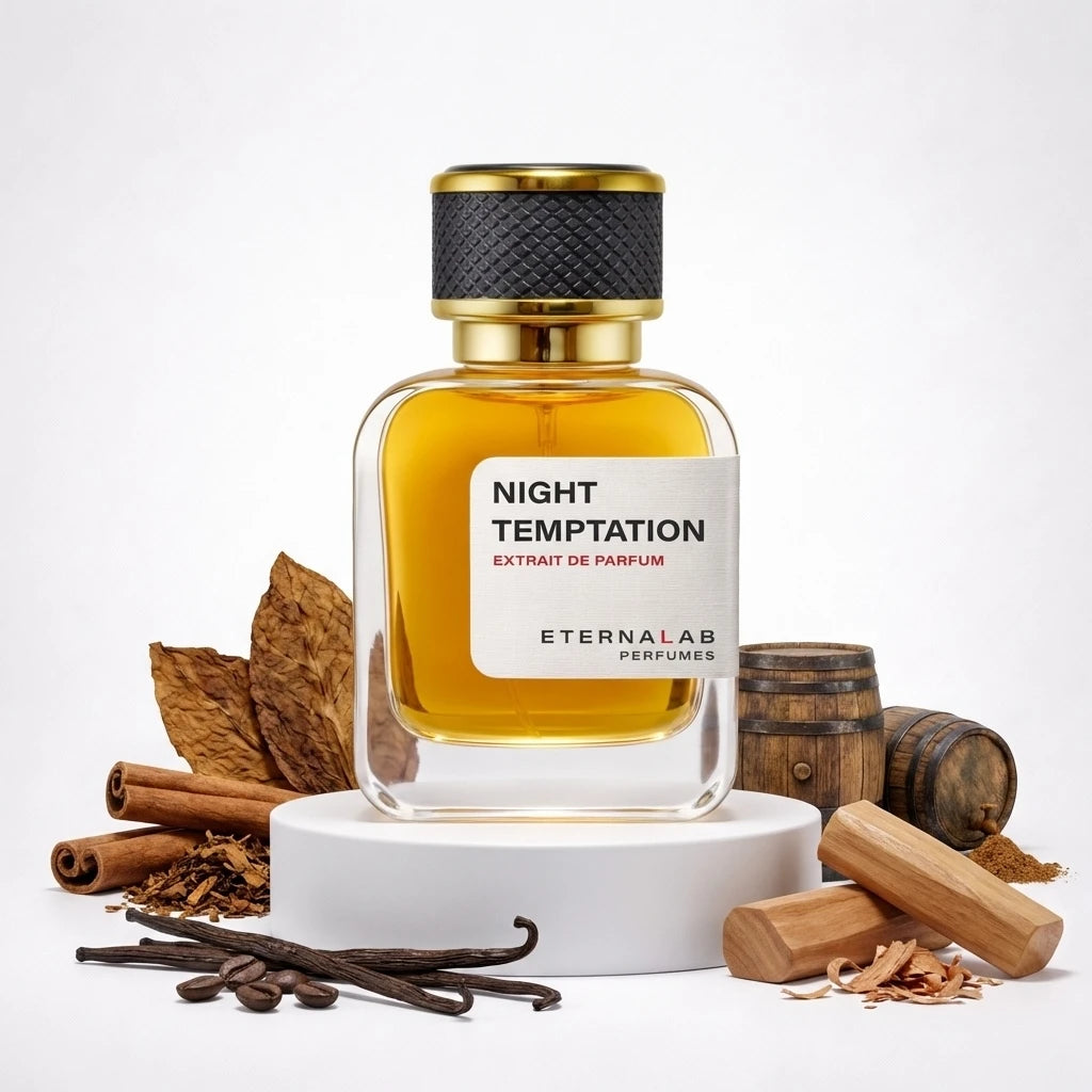 Eterna Lab Night Temptation perfume bottle with dark tobacco leaves, vanilla beans, coffee, cinnamon, sandalwood, and oak ...