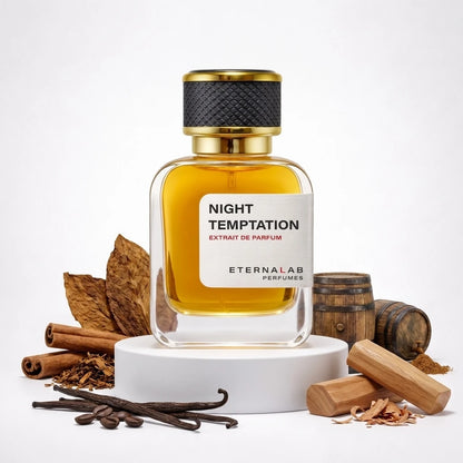 Eterna Lab Night Temptation perfume bottle with dark tobacco leaves, vanilla beans, coffee, cinnamon, sandalwood, and oak ...
