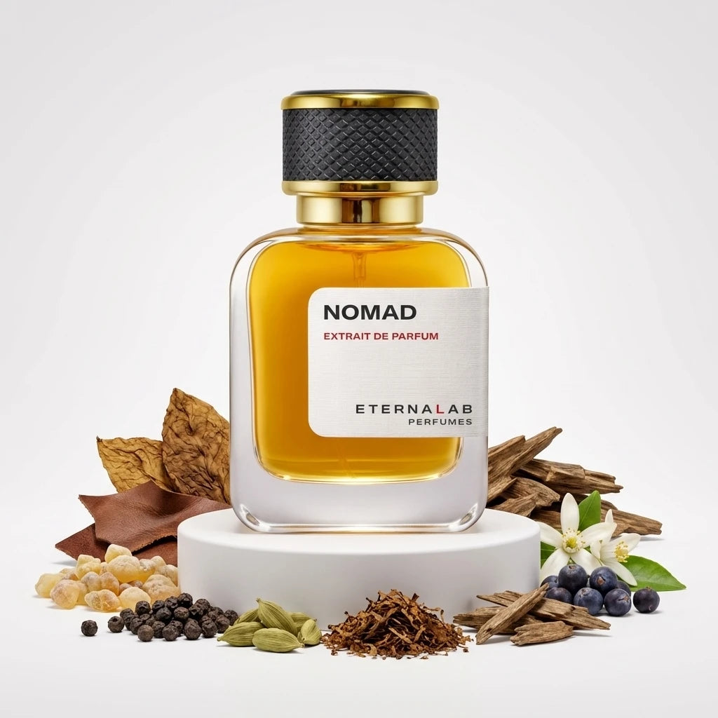 Eterna Lab Nomad Extrait de Parfum bottle with surrounding notes of tobacco, leather, frankincense, spices, oud wood, berr...