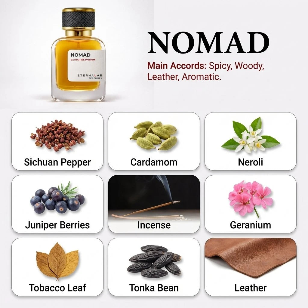 Eterna Lab NOMAD perfume featuring spicy, woody, leather, and aromatic notes: Sichuan pepper, cardamom, neroli, incense.
