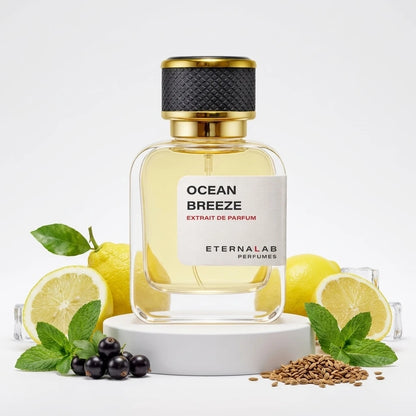 Eterna Lab Ocean Breeze perfume bottle surrounded by fresh lemons, vibrant mint, blackcurrants, and earthy grains.