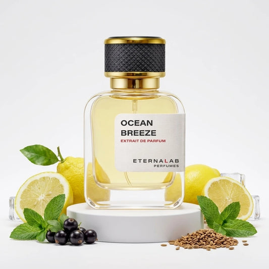 Eterna Lab Ocean Breeze perfume bottle surrounded by fresh lemons, vibrant mint, blackcurrants, and earthy grains.