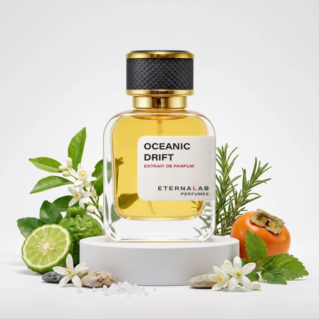 Eterna Lab Oceanic Drift Extrait de Parfum with bergamot, citrus blossoms, rosemary, persimmon, mint, and sea salt.