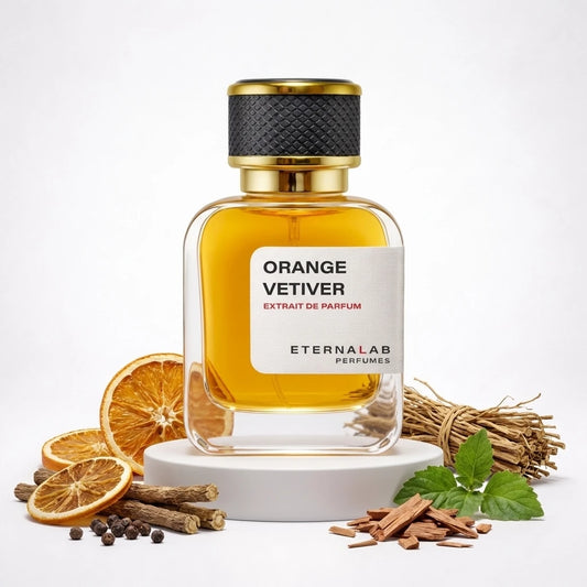 Eterna Lab Orange Vetiver perfume with dried orange slices, vetiver roots, licorice wood, peppercorns, sandalwood, and min...
