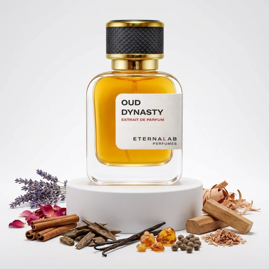 Eterna Lab Oud Dynasty perfume bottle with lavender, rose, cinnamon, oud, vanilla, amber, pepper, and sandalwood.