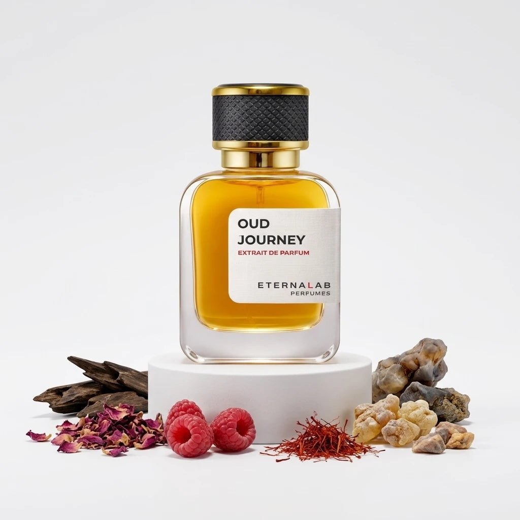 Eterna Lab Oud Journey perfume bottle surrounded by oud wood, rose petals, fresh raspberries, saffron, and amber.
