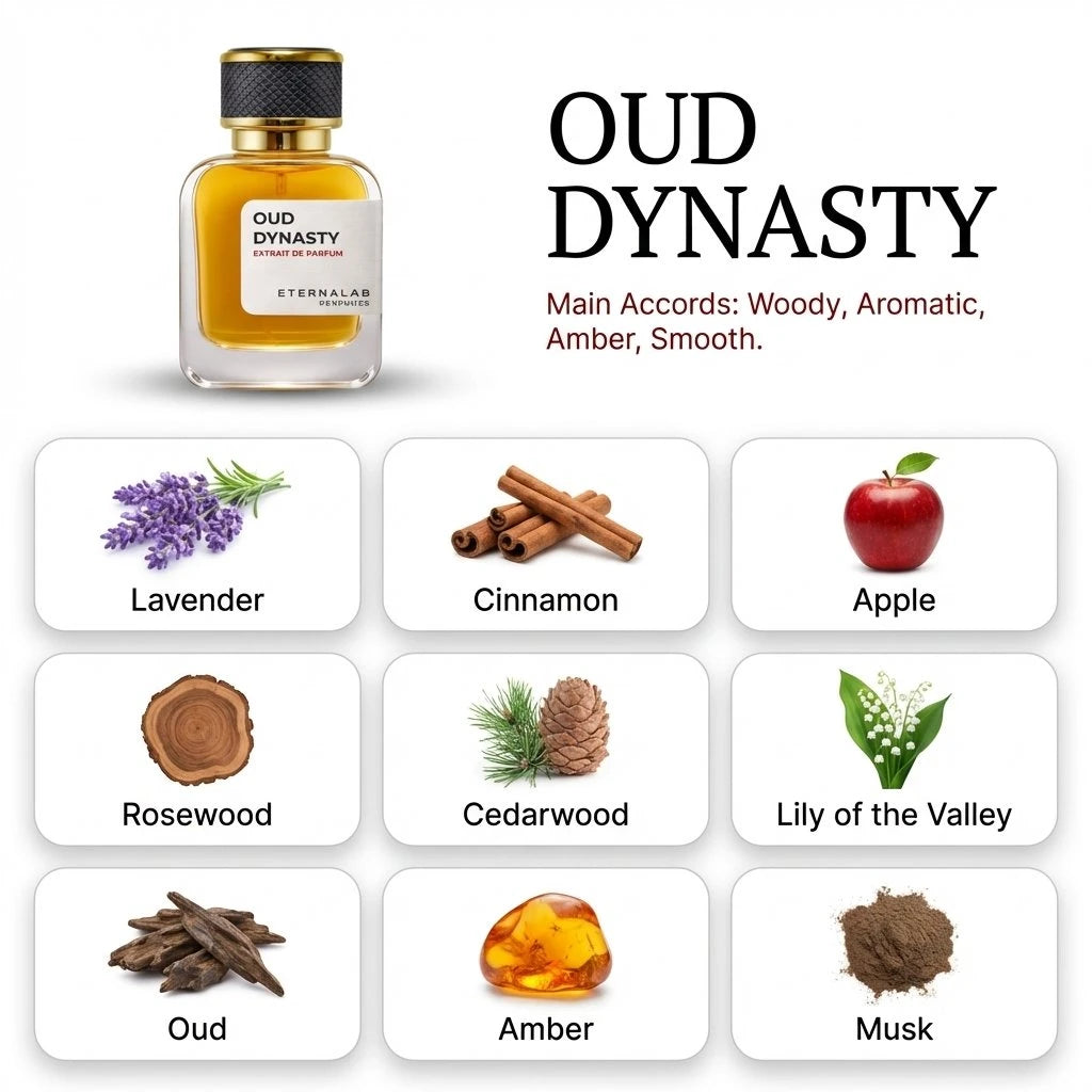 Eterna Lab Oud Dynasty perfume with lavender, cinnamon, apple, rosewood, cedarwood, lily of the valley, oud, amber, musk.