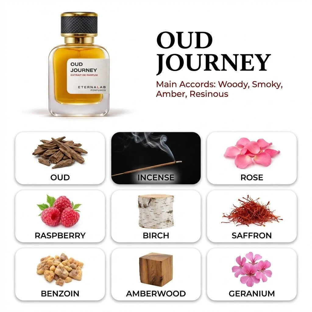 An Eterna Lab Oud Journey perfume bottle, showcasing woody, smoky, amber, and resinous accords with oud, rose, and raspberry.