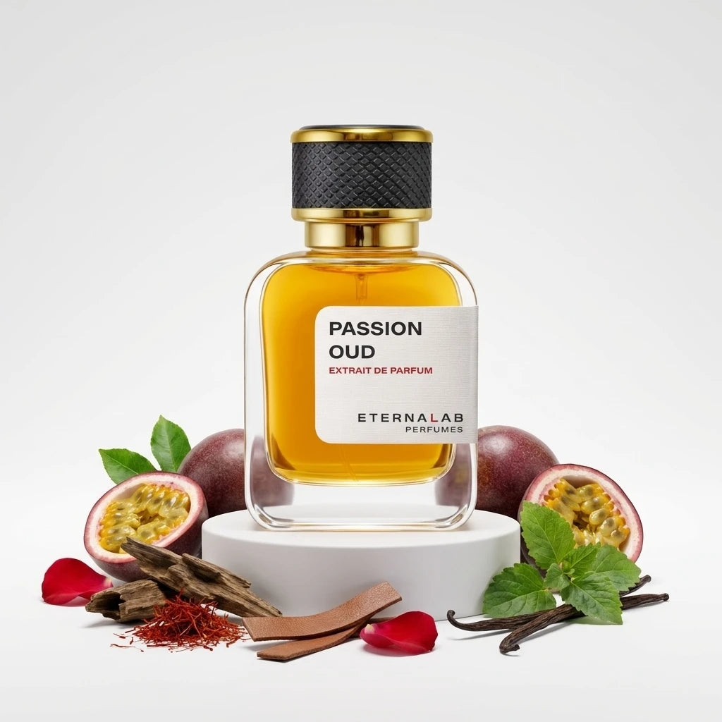 Eterna Lab Passion Oud perfume bottle surrounded by passion fruit, oud wood, saffron, leather, rose petals, mint, and vani...