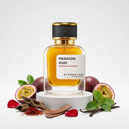 Eterna Lab Passion Oud perfume bottle surrounded by passion fruit, oud wood, saffron, leather, rose petals, mint, and vani...