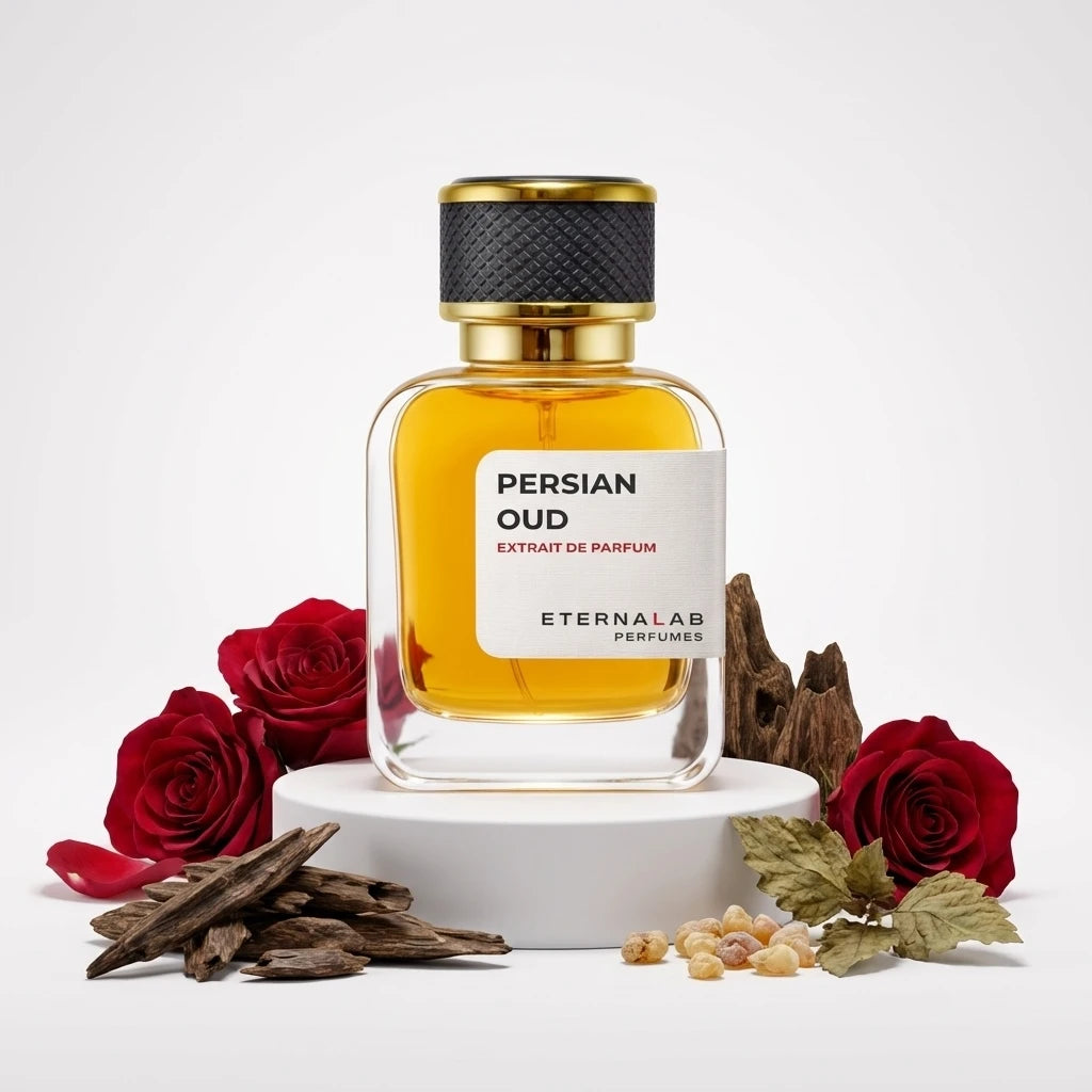 Eterna Lab Persian Oud Extrait de Parfum surrounded by vibrant red roses, dark oud wood, and aromatic resin.