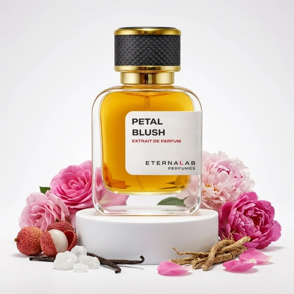 Eterna Lab Petal Blush Extrait de Parfum bottle surrounded by pink roses, lychee, vanilla beans, sugar crystals, and dried...