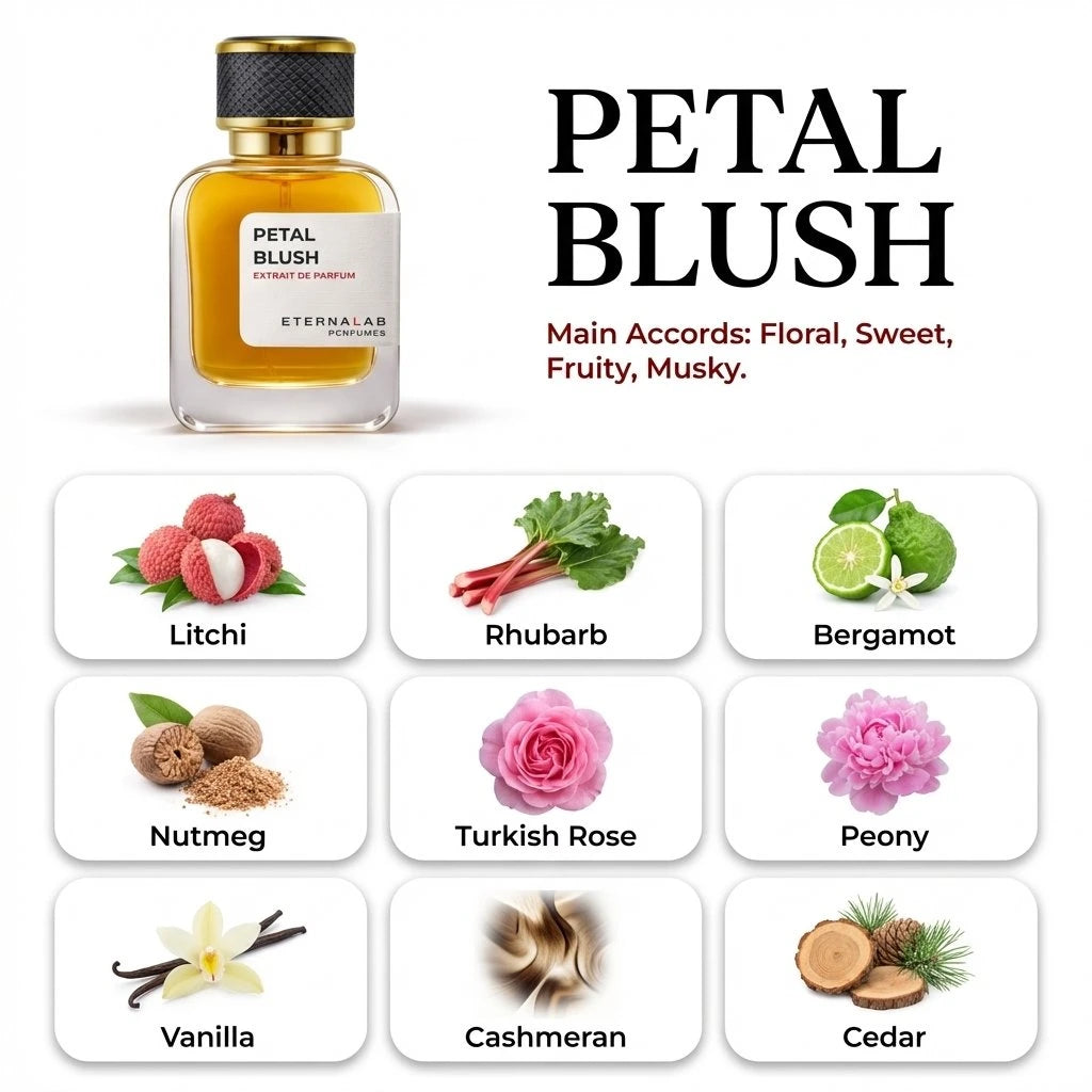 Eterna Lab Petal Blush perfume: litchi, rhubarb, bergamot, nutmeg, Turkish rose, peony, vanilla, cashmeran, cedar.