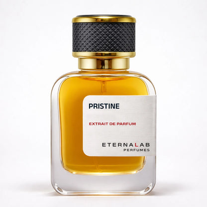 Eterna Lab PRISTINE Extrait de Parfum in a clear glass bottle, featuring a white label signifying a clean and pure aroma.