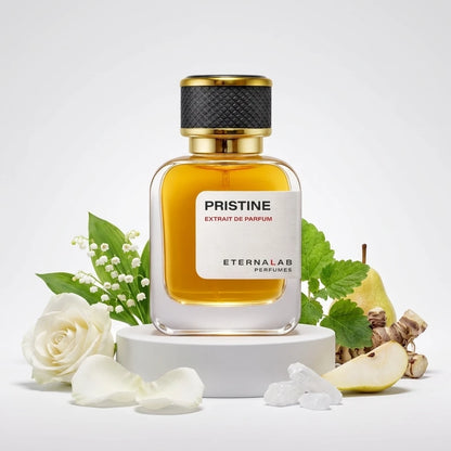 Eterna Lab's Pristine Extrait de Parfum, featuring visual notes of lily of the valley, white rose, pear, mint, and ginger.