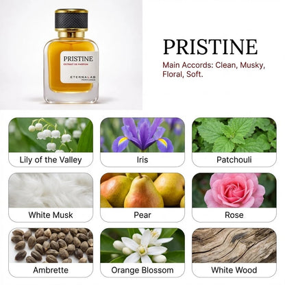 Eterna Lab Pristine perfume, clean, musky, floral, soft: lily, iris, patchouli, musk, pear, rose, ambrette, orange, wood.
