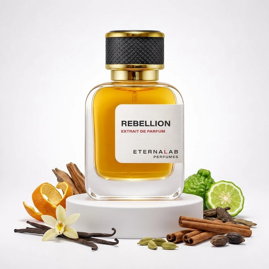 Eterna Lab Rebellion Extrait de Parfum with notes of bergamot, orange peel, vanilla, cinnamon, cardamom, wood, and dark sp...