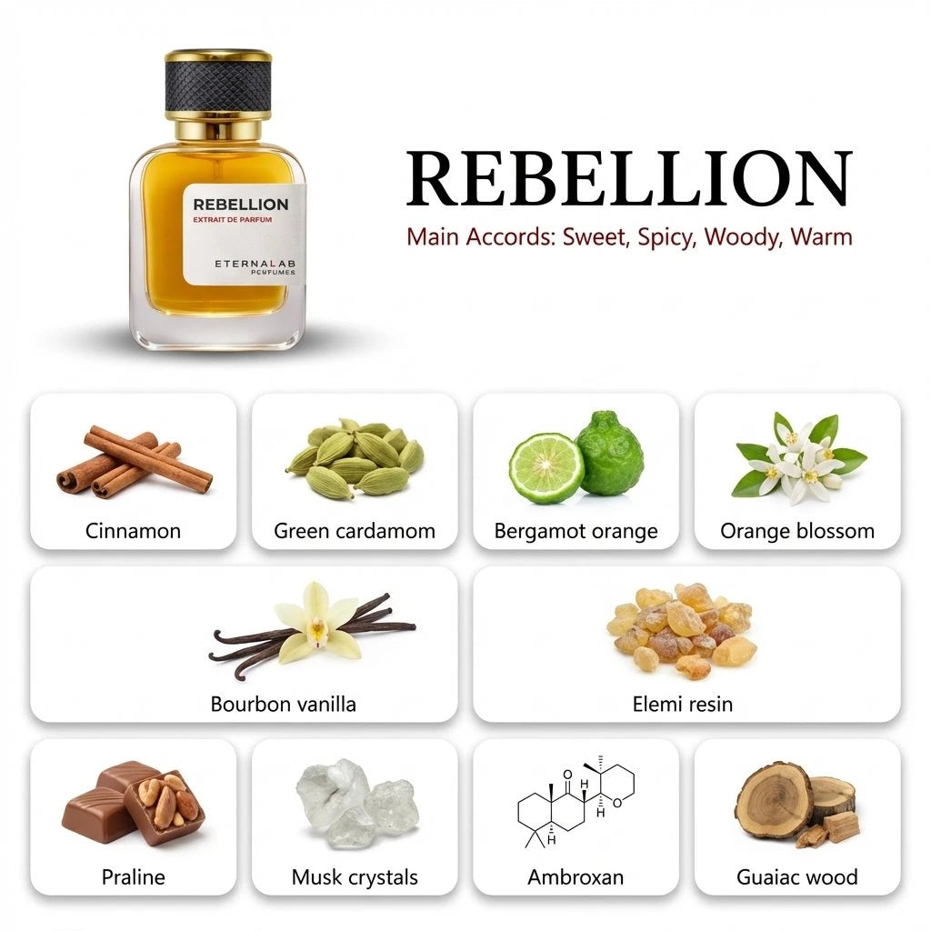 Eterna Lab Rebellion perfume, a sweet, spicy, woody scent featuring cinnamon, cardamom, bergamot, vanilla, praline, guaiac...