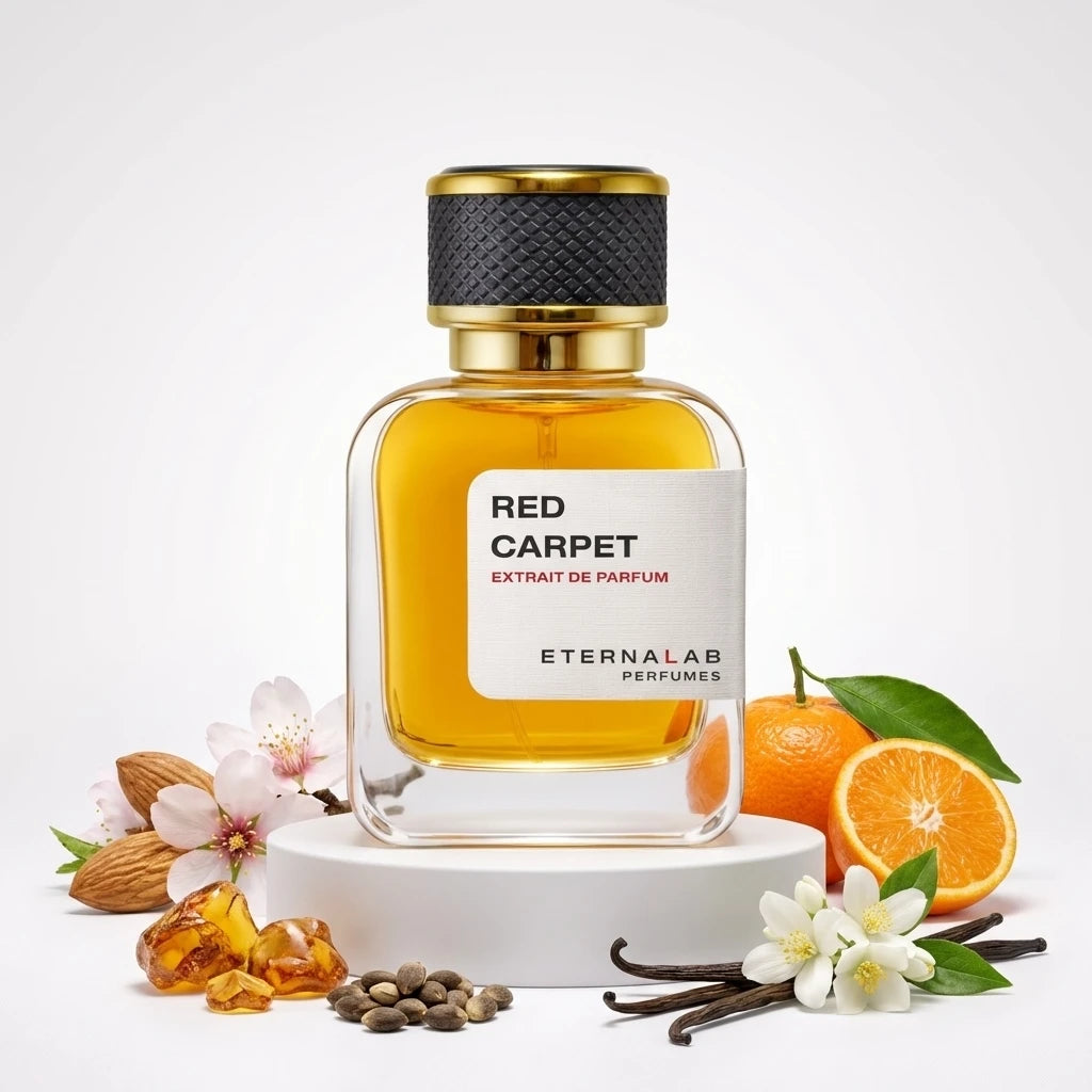 Eterna Lab "Red Carpet" perfume bottle with oranges, almonds, jasmine, vanilla beans, and amber pieces.