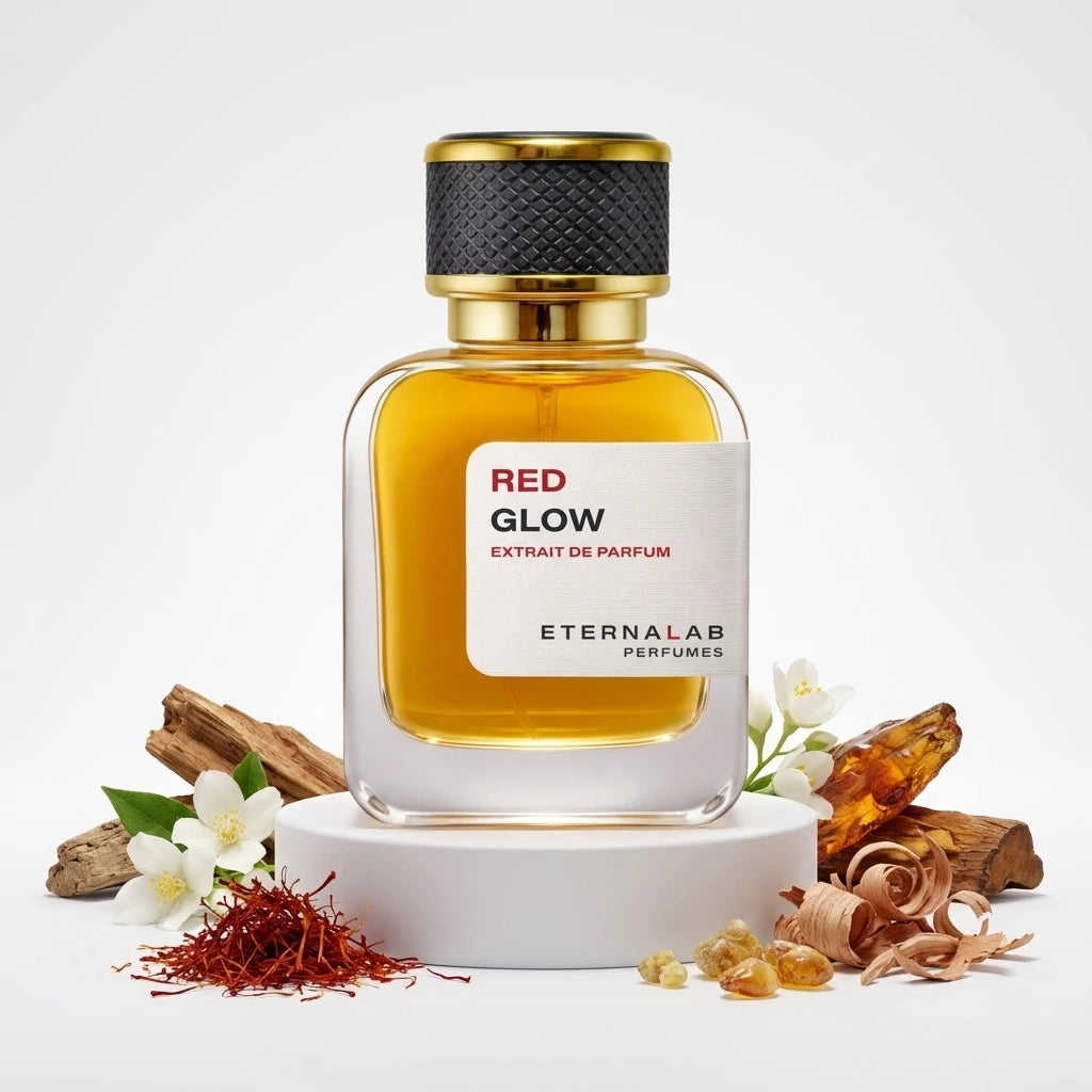 Eterna Lab RED GLOW Extrait de Parfum surrounded by saffron threads, jasmine flowers, amber, and frankincense resin with w...