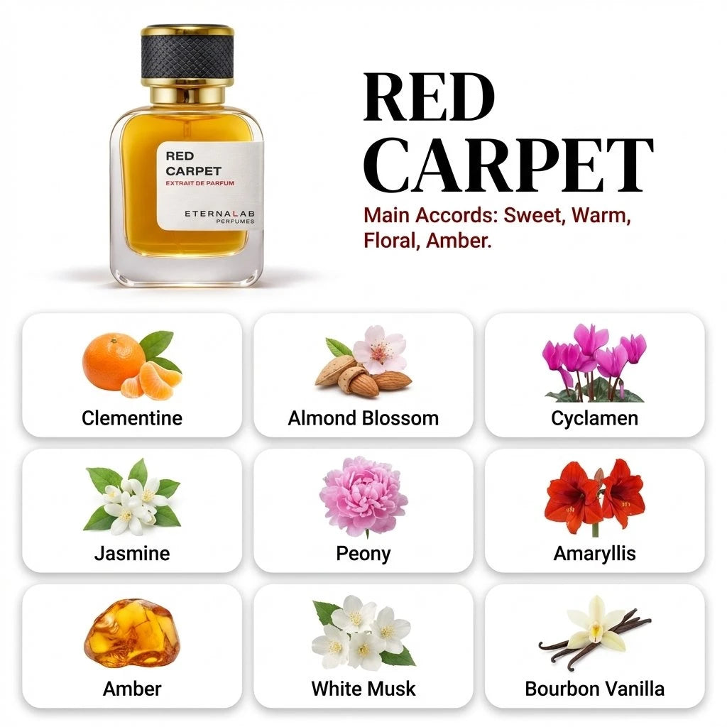 Eterna Lab Red Carpet Extrait de Parfum with sweet, warm, floral, amber accords, featuring clementine and Bourbon vanilla.
