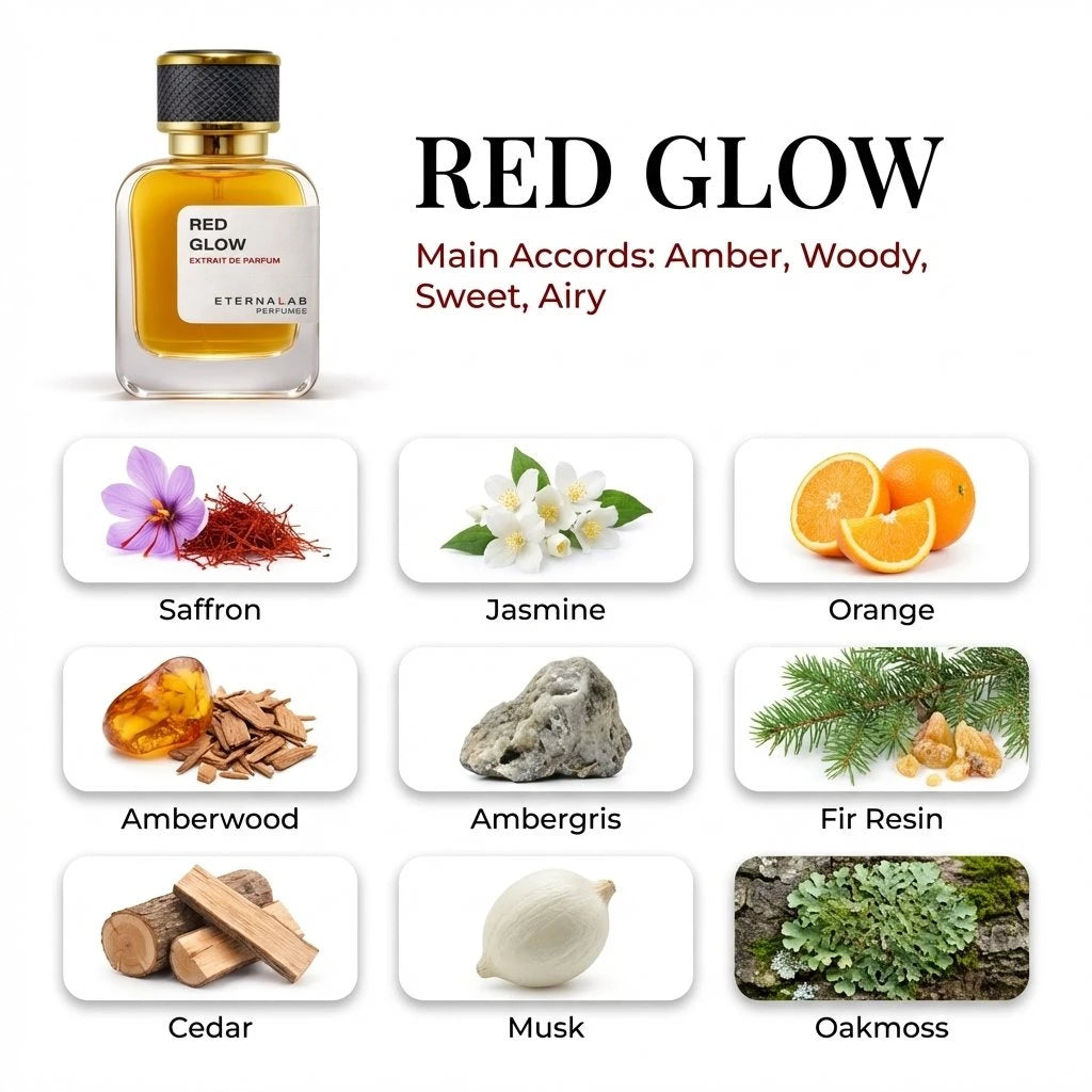 Eterna Lab Red Glow perfume features amber, woody, sweet, airy accords, highlighted by saffron, jasmine, orange, and cedar.