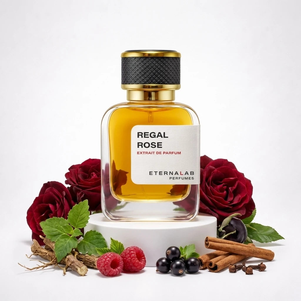 Eterna Lab Regal Rose Extrait de Parfum bottle with vibrant red roses, raspberries, blackcurrants, cinnamon sticks, and cl...
