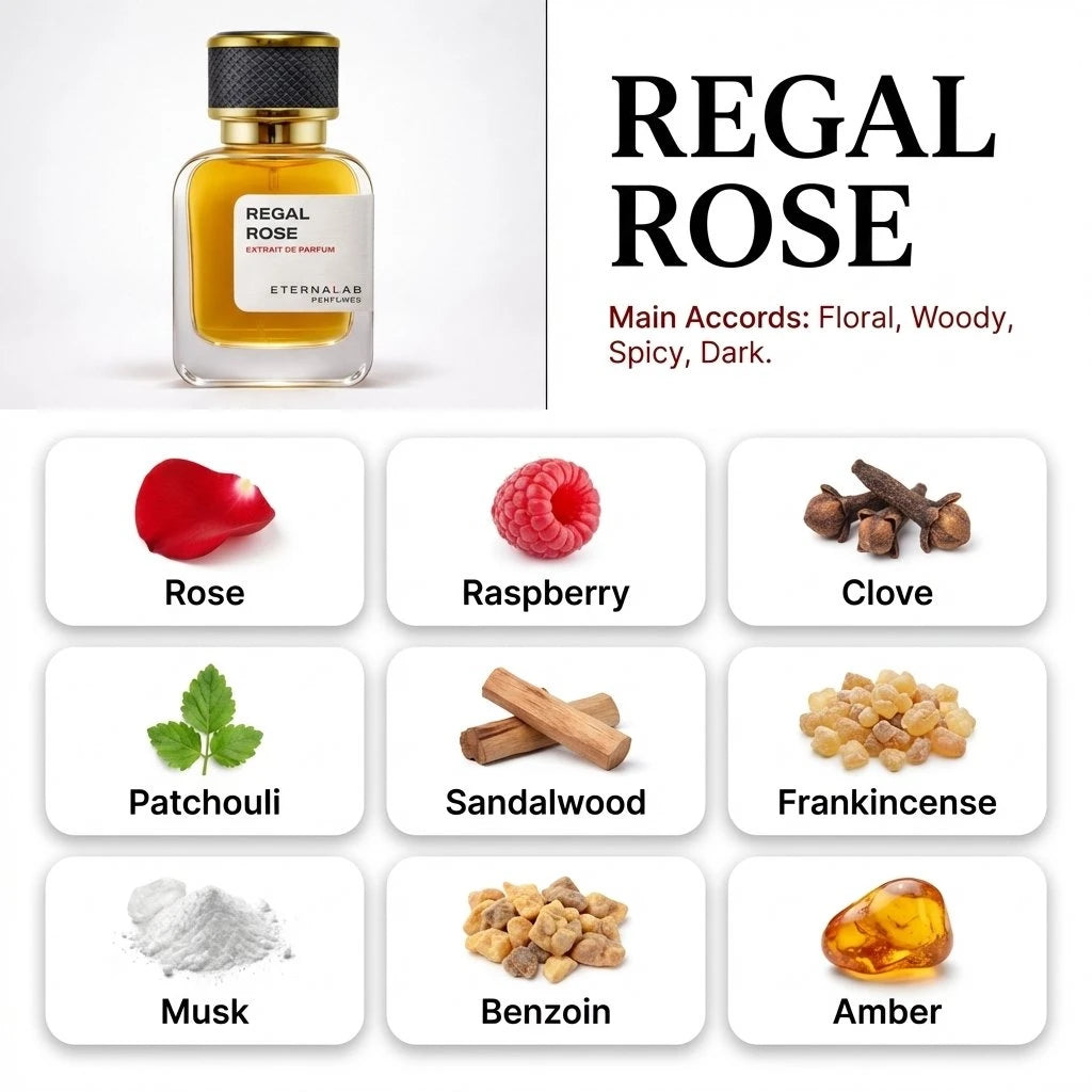Eterna Lab Regal Rose Extrait de Parfum bottle with floral, woody, spicy, dark notes including rose, sandalwood, clove.