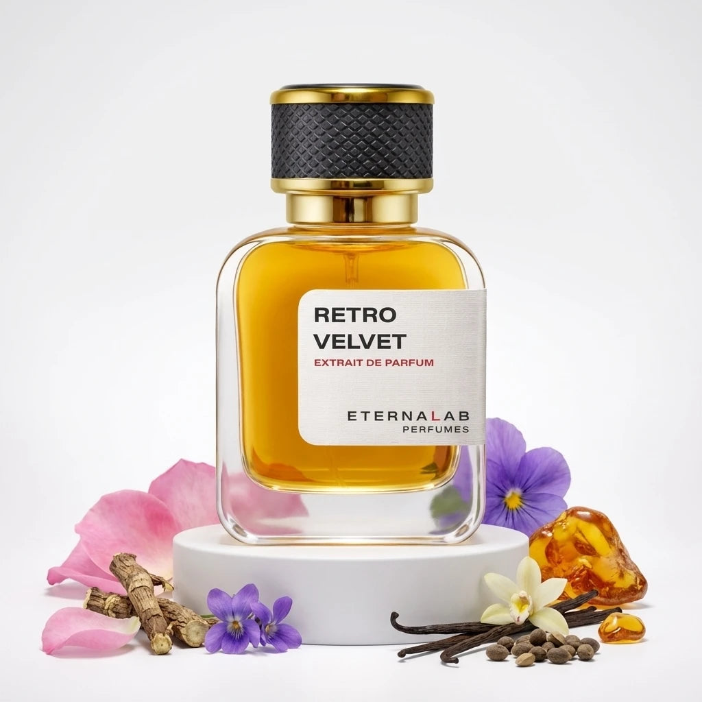 Eterna Lab Retro Velvet Extrait de Parfum with notes of amber, vanilla, coffee beans, rose petals, violets, and woody roots.
