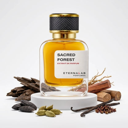 Eterna Lab Sacred Forest Extrait de Parfum bottle with oud, tonka beans, green cardamom, vanilla, and red peppercorns.