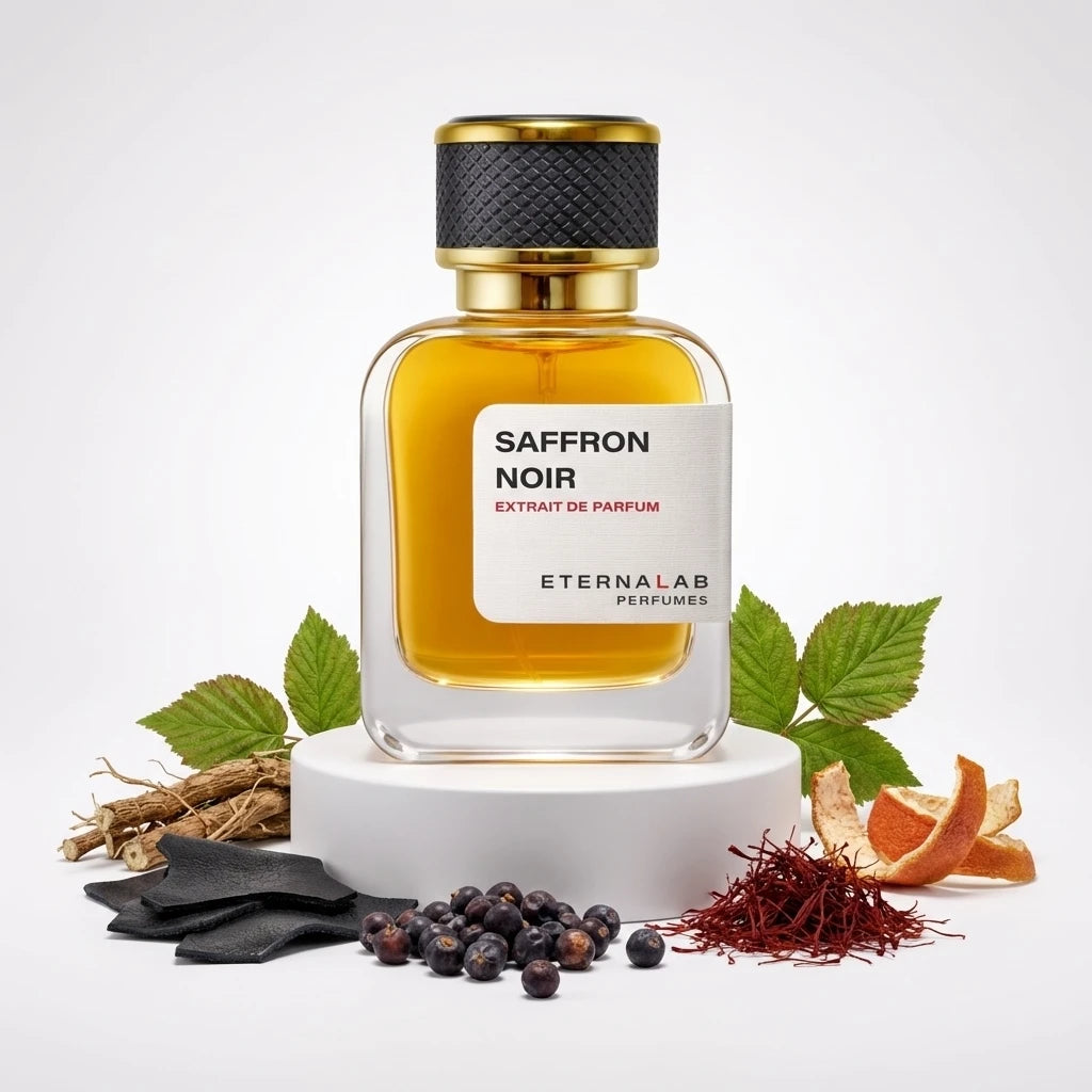 Eterna Lab Saffron Noir Extrait de Parfum surrounded by saffron threads, juniper berries, orange peel, leather, and dried ...