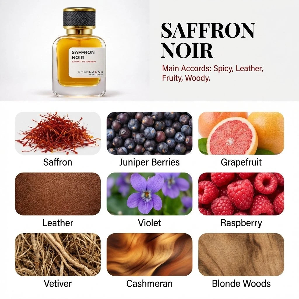 Eterna Lab Saffron Noir perfume with spicy, leather, fruity, woody accords of saffron, juniper, grapefruit, and vetiver.