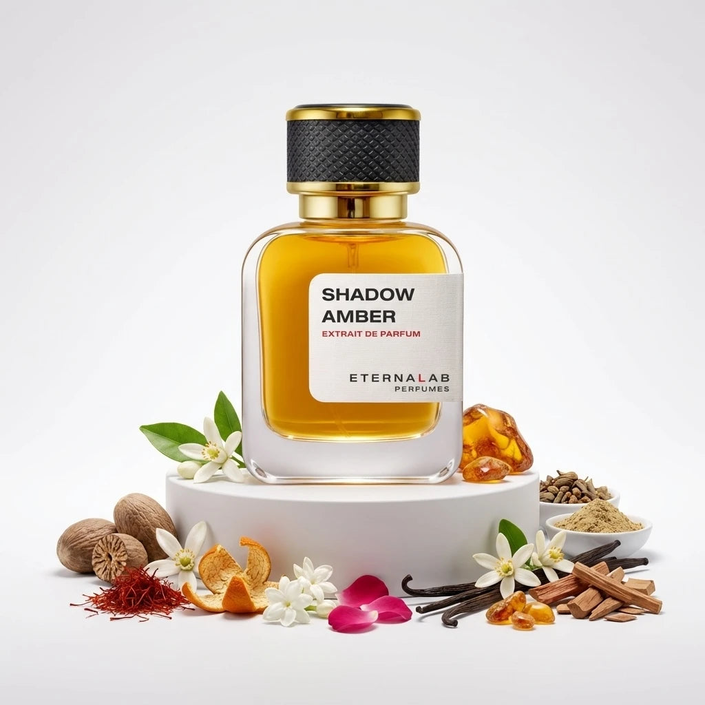 Eterna Lab Shadow Amber Extrait de Parfum with notes of warm amber, spices, rich vanilla, sandalwood, and delicate orange ...