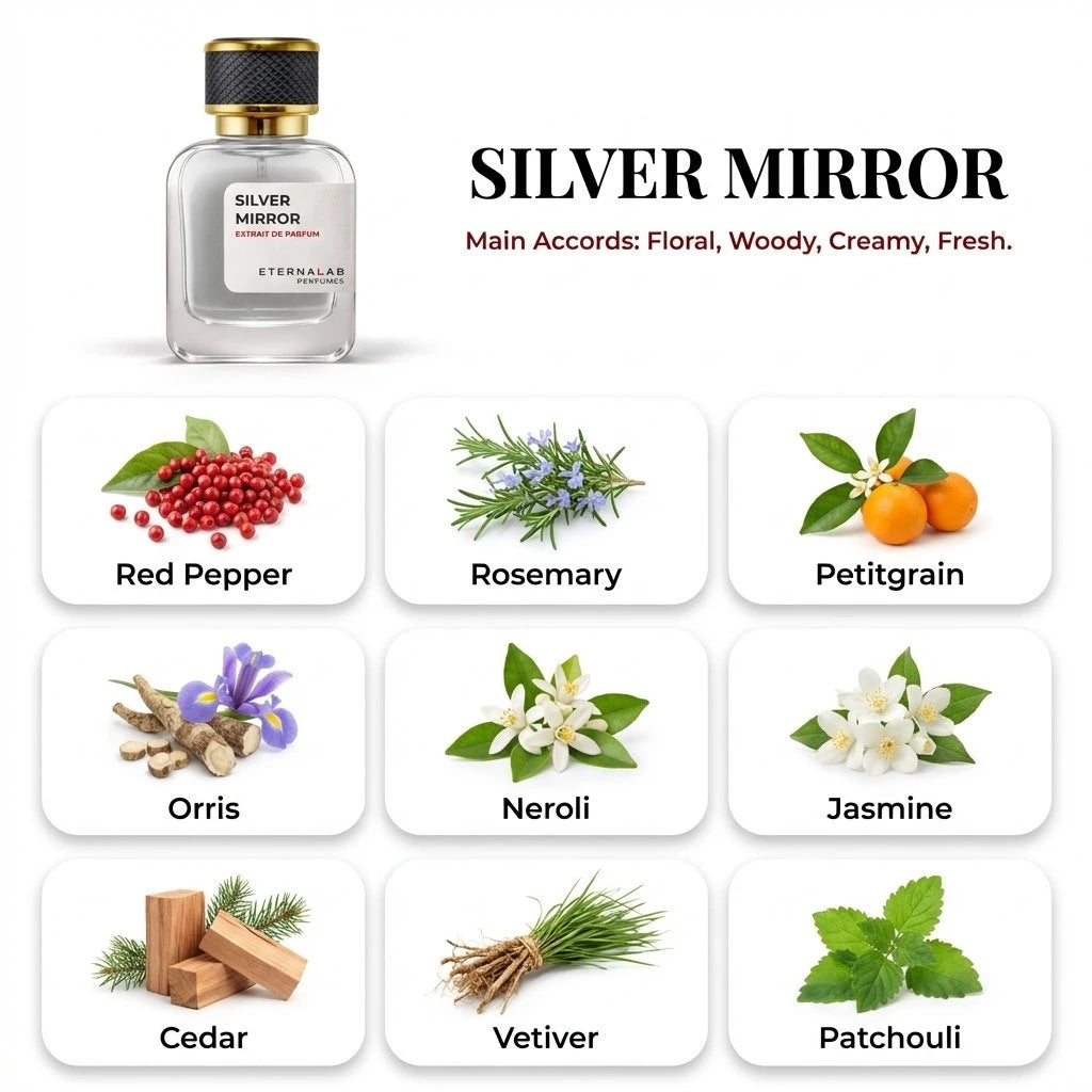Eterna Lab Silver Mirror perfume bottle with floral, woody, creamy, fresh accords from visual notes like jasmine, cedar, a...