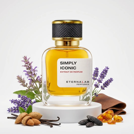 Eterna Lab Simply Iconic Extrait de Parfum bottle surrounded by lavender, sage, almonds, vanilla pods, tonka beans, amber,...