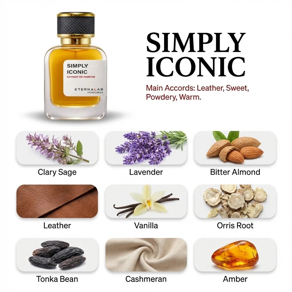 Eterna Lab Simply Iconic Extrait de Parfum bottle with visual notes of leather, lavender, bitter almond, vanilla, and amber.