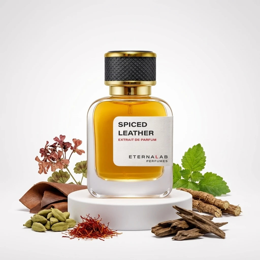 Eterna Lab Spiced Leather perfume bottle amidst leather, saffron, cardamom, wood chips, dried flowers, and mint leaves.
