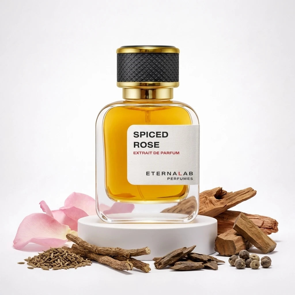 Eterna Lab Spiced Rose Extrait de Parfum bottle, surrounded by pink rose petals, wood pieces, cumin seeds, and peppercorns.
