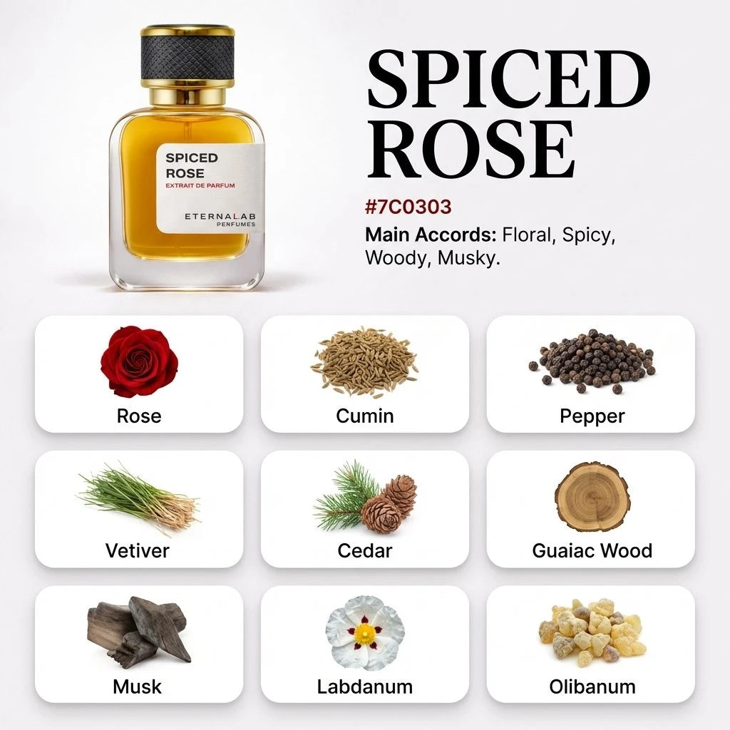 Eterna Lab Spiced Rose perfume features scent notes of rose, cumin, pepper, vetiver, cedar, guaiac wood, musk, labdanum, o...