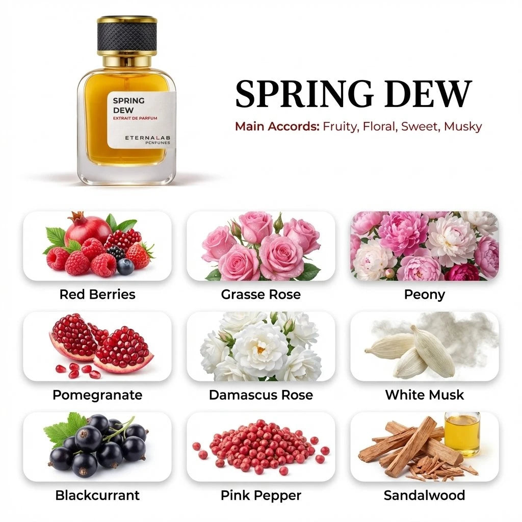 Eterna Lab Spring Dew perfume featuring fruity, floral, sweet, musky accords like berries, roses, peony, and sandalwood.