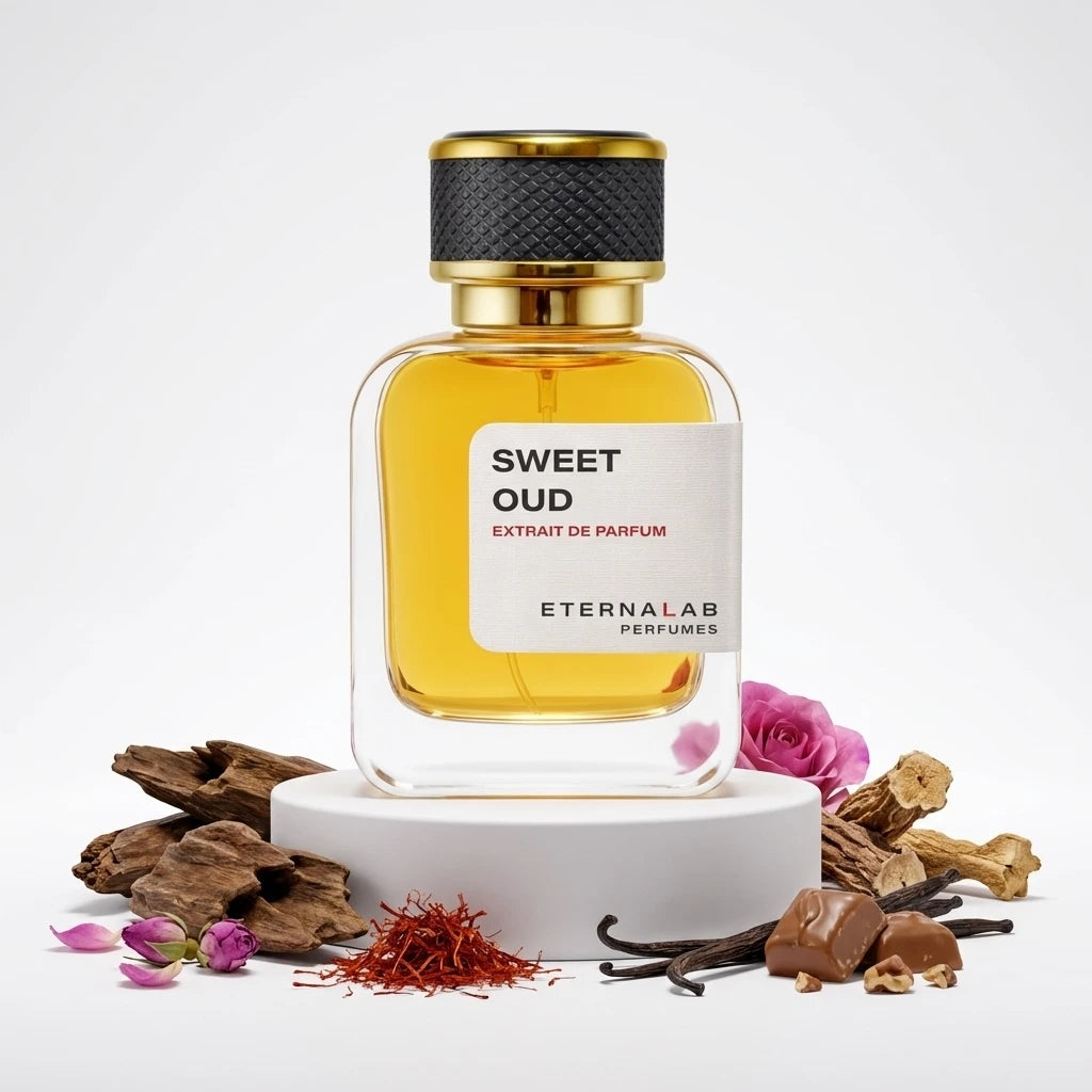 Eterna Lab Sweet Oud Extrait de Parfum bottle with oud wood, saffron, vanilla, roses, and chocolates.