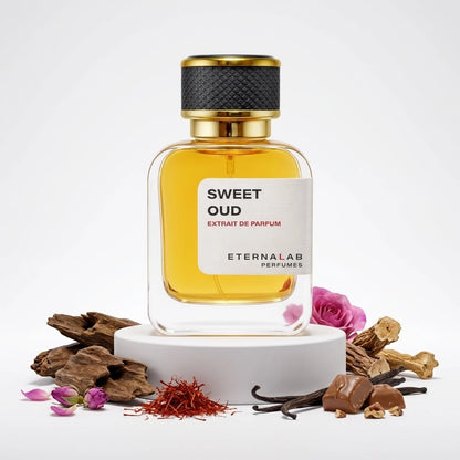 Eterna Lab Sweet Oud Extrait de Parfum bottle with oud wood, saffron, vanilla, roses, and chocolates.
