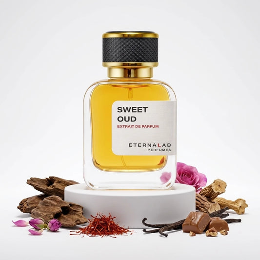 Eterna Lab Sweet Oud Extrait de Parfum bottle with oud wood, saffron, vanilla, roses, and chocolates.